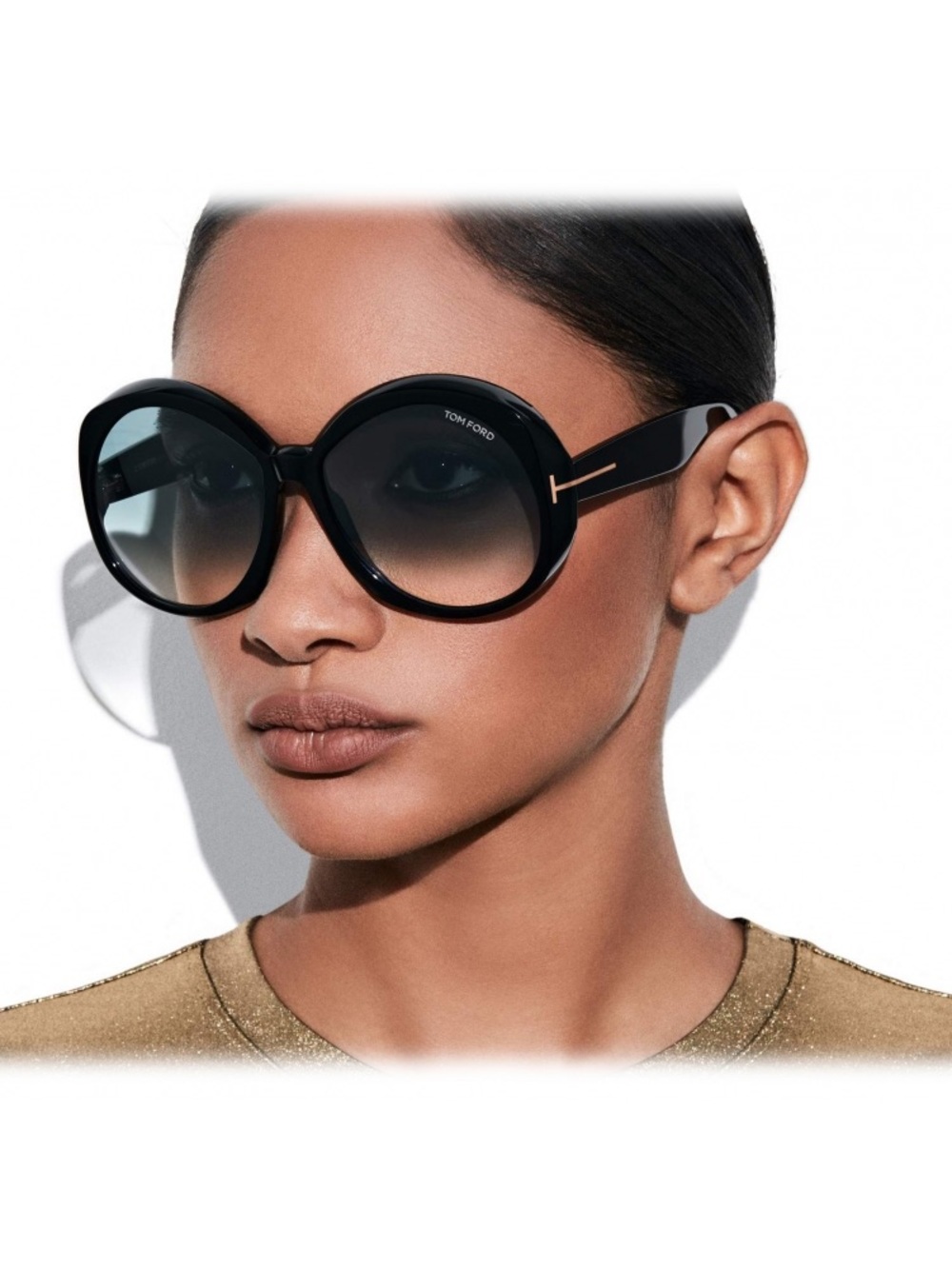 Tom Ford Black Oversized Round Sunglasses with Gold Accents